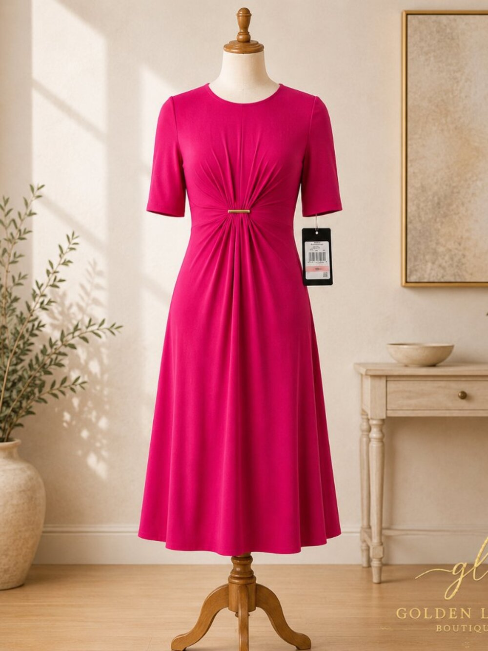 Jessica Howard Petite Jewel-Neck Midi Dress 10P Hot Pink Jewel Waist Pleat NWT